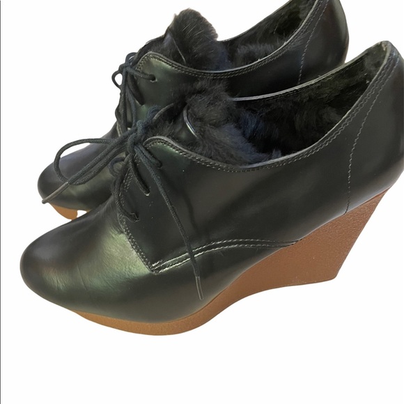 3.1 PHILLIP LIM Black Leather Fur Trim Wedge Platform Pumps Size 10 - Picture 6 of 11